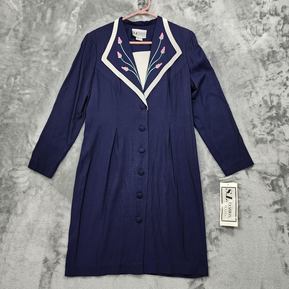 NEW Vintage S.L. Fashions Dress Women 10P Blue Embroidered Princess‎ Diana Style